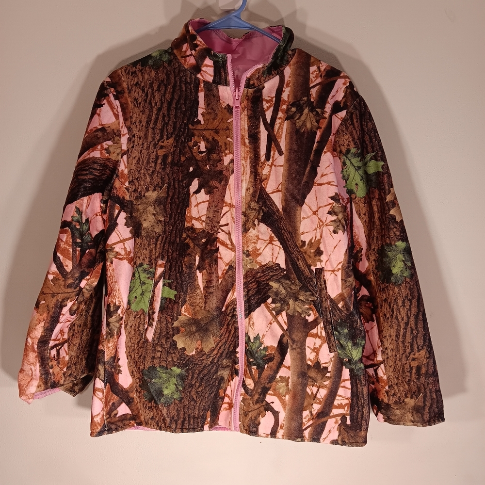 Womens AQUA STOP lined pink & camo LS brushed polyester reversible jacket size M